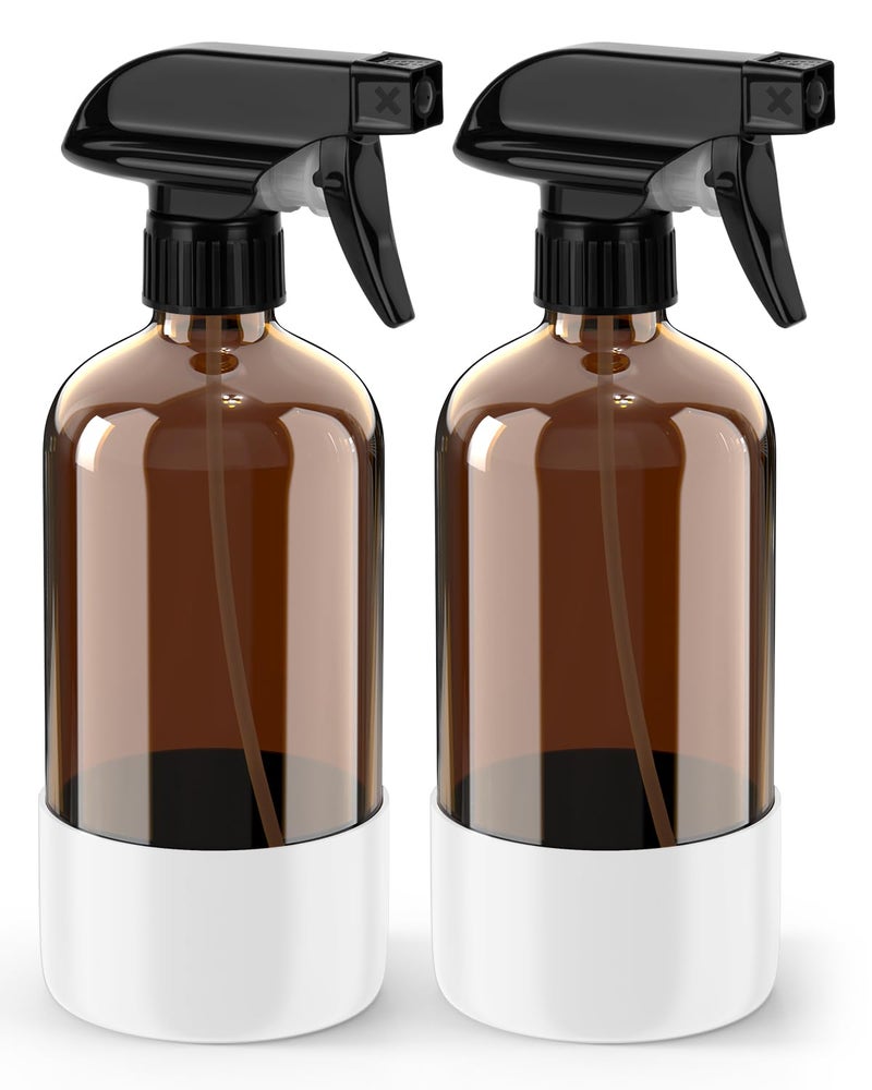 Bontip Glass Spray Bottle with Silicone Sleeve Protection, Amber Glass Spray Bottle Set for Window Cleaner Aromatherapy Facial Hydration Watering Flowers Hair Care 2 Pack/16 oz (White, 16 oz) - Image 1